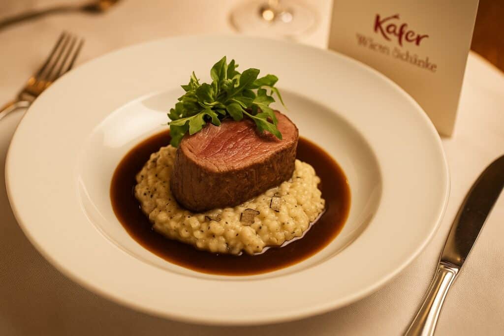 Detailaufnahme eines festlichen Käfer-Menüs Kalbsfilet Trüffelrisotto Käfer Wiesn Schänke