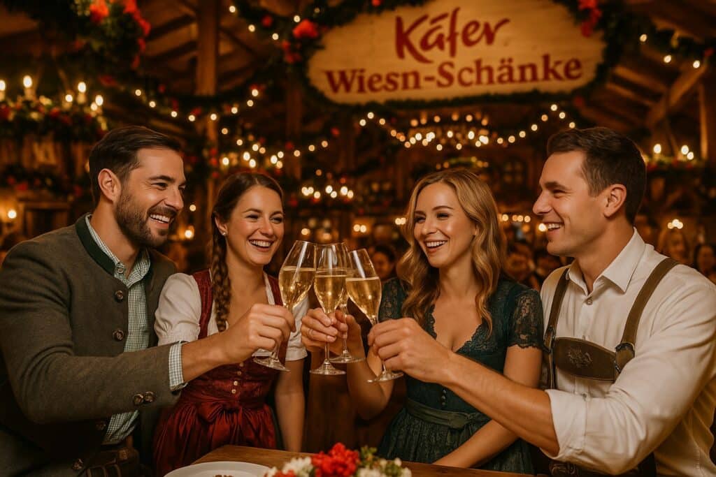 Gäste in Tracht (Dirndl & Lederhose) mit Sekt-/Weingläsern beim Anstoßen in der Käfer Wiesn Schänke