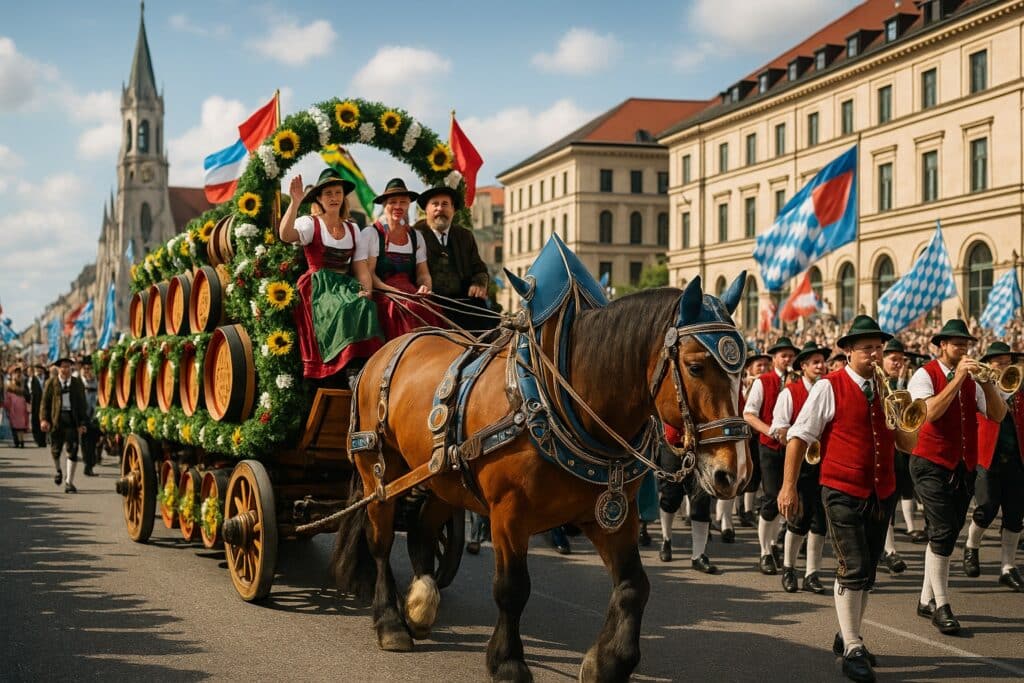 Traditioneller Einzug der Wiesnwirte mit Pferdekutschen und Trachtenumzug zum Oktoberfest 2026 in München